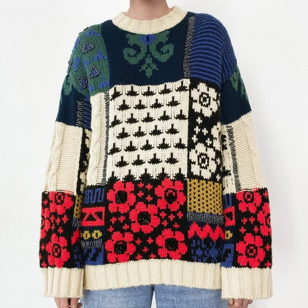 NEW Zara Patchwork Wool Blend Beaded Applique Oversize Limited Edition Sweater M - Picture 4 of 16